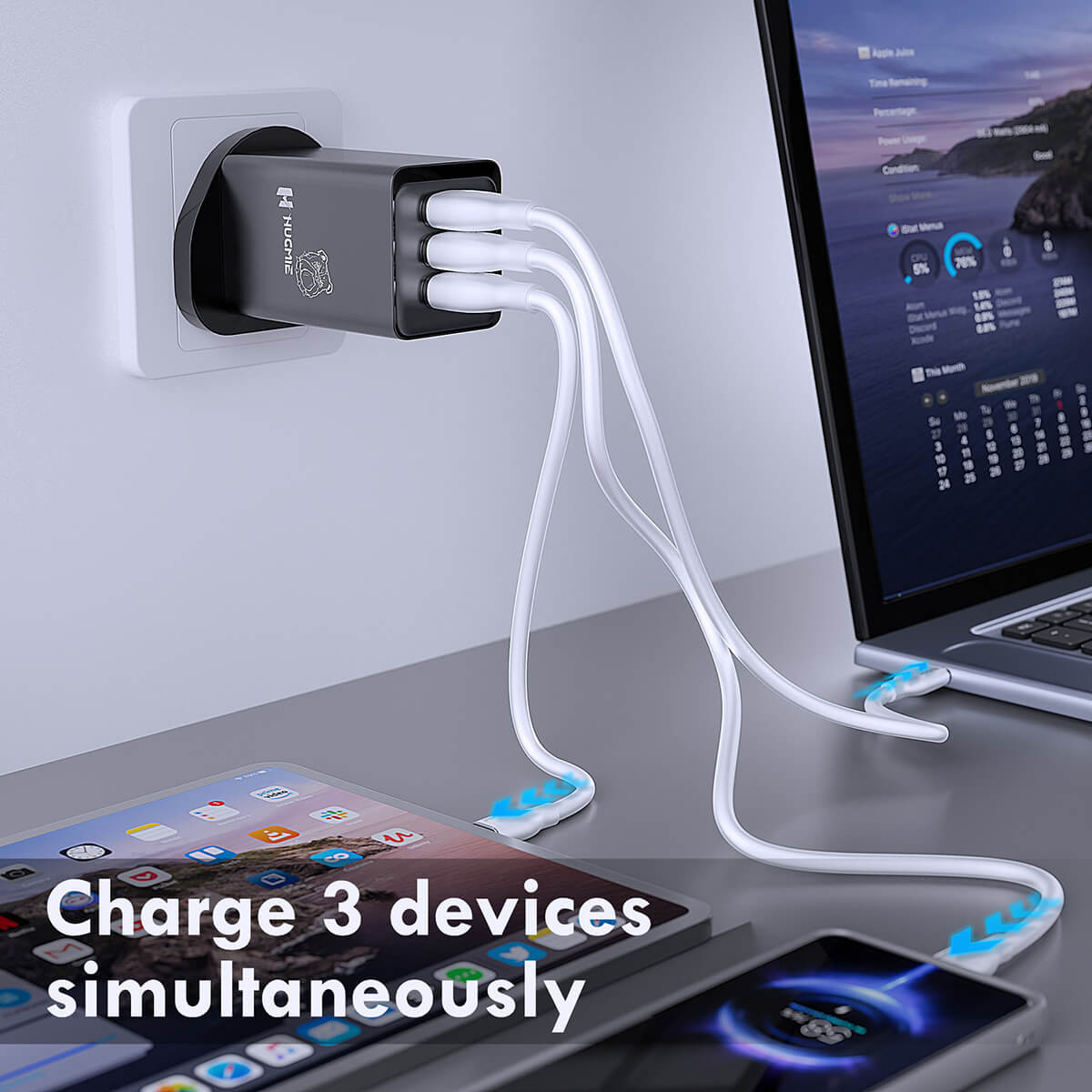 Charge three devices simultaneously with the Hugmie® FP-65W GaN USB C Fast Charger, ideal for laptops, tablets, and smartphones.