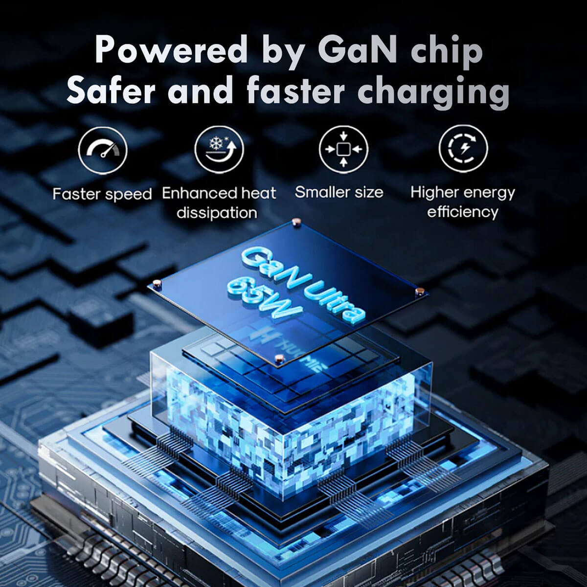 Hugmie® FP-65W charger powered by GaN chip technology for faster speed, enhanced heat dissipation, and higher energy efficiency.