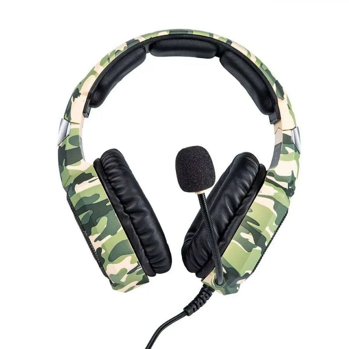 Front view of ONIKUMA K8 Wired Gaming Headphones in green camouflage design. Features a flexible noise-canceling microphone and cushioned ear cups.