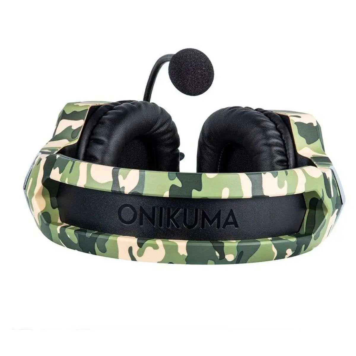 Top view of ONIKUMA K8 Wired Gaming Headphones in green camouflage design. Features padded headband with ONIKUMA branding for added comfort.
