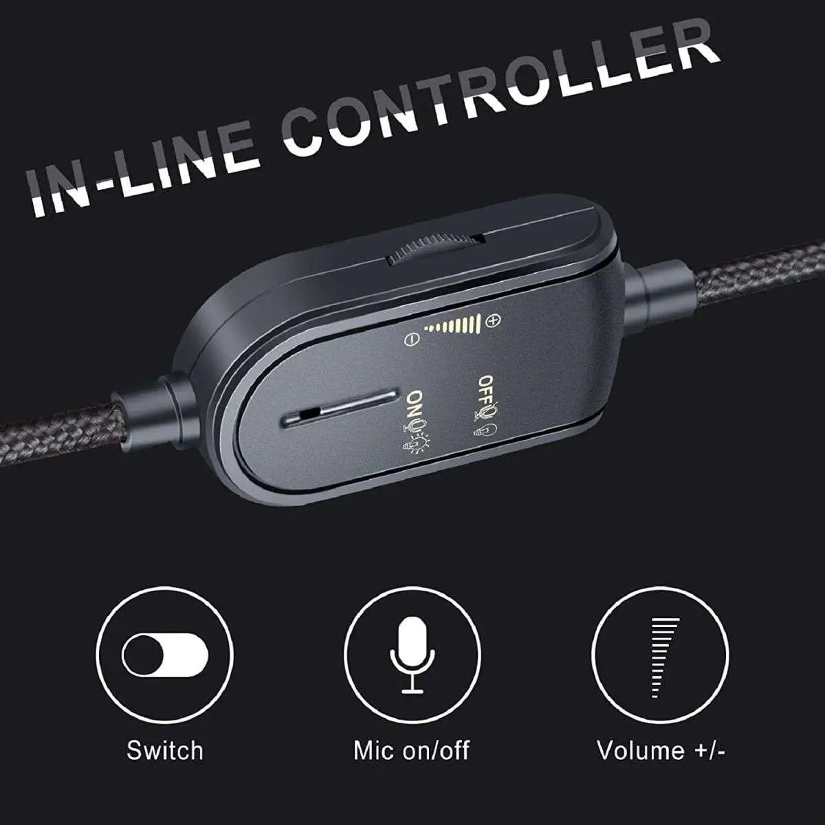 ONIKUMA K8 Wired Gaming Headphones with in-line controller. Features volume adjustment, mic on/off switch, and LED light control for easy customization.