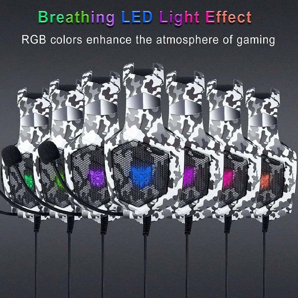 ONIKUMA K8 Wired Gaming Headphones with RGB breathing LED light effect. Enhances gaming atmosphere with customizable lighting options.