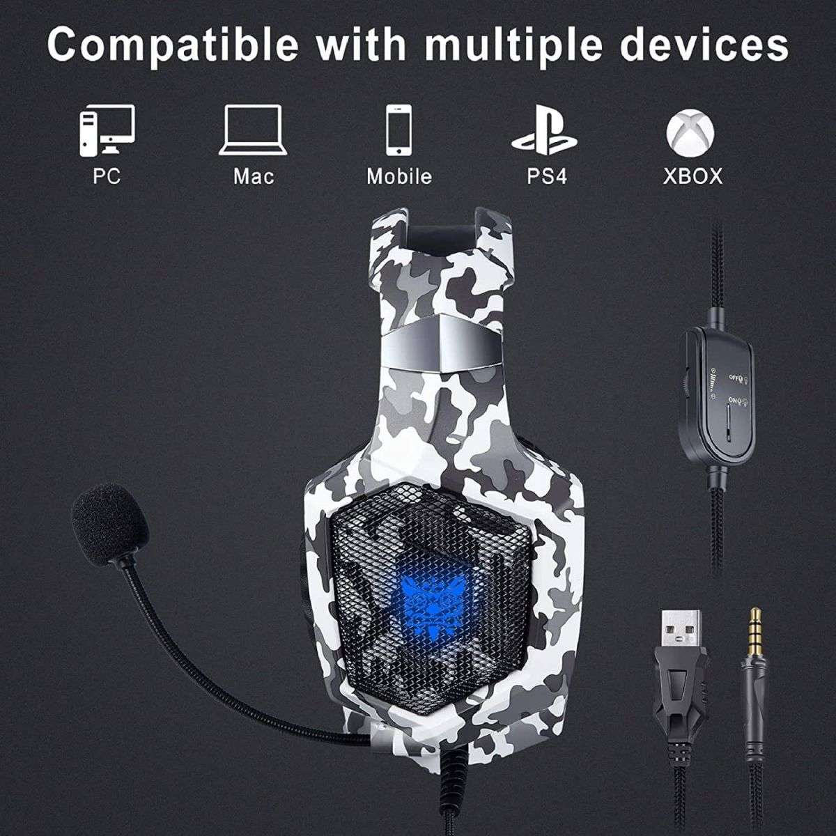 ONIKUMA K8 Wired Gaming Headphones compatible with multiple devices including PC, Mac, mobile, PS4, and Xbox. Features USB and 3.5mm jack connectivity.