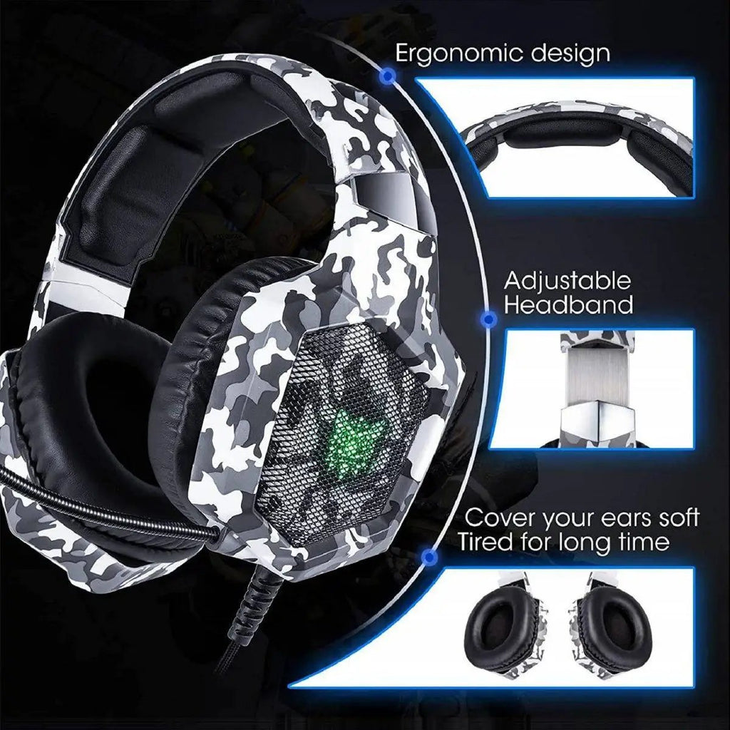 ONIKUMA K8 Wired Gaming Headphones With Mic LED Lights Camo Grey- Hugmie