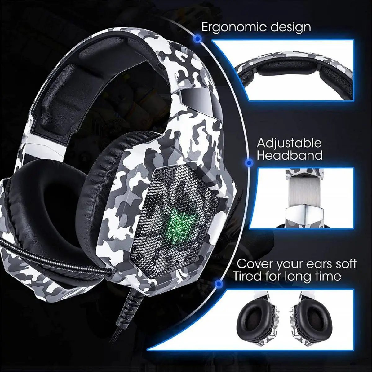 ONIKUMA K8 Wired Gaming Headphones with ergonomic design. Features an adjustable headband and soft ear cushions for extended gaming comfort.
