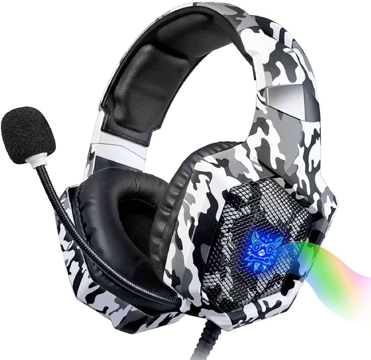 ONIKUMA K8 Wired Gaming Headphones in white camouflage design with LED-lit ear cups. Features a flexible noise-canceling microphone for clear communication.