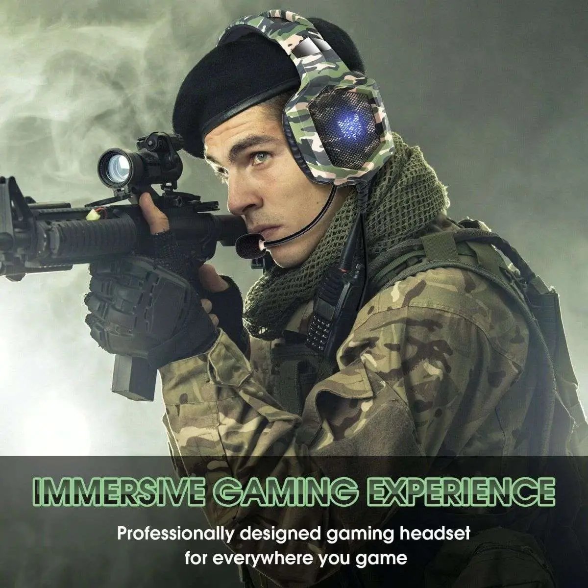 Gamer wearing ONIKUMA K8 Wired Gaming Headphones with Mic and LED Lights in a military-style setting. Designed for immersive gaming experience.