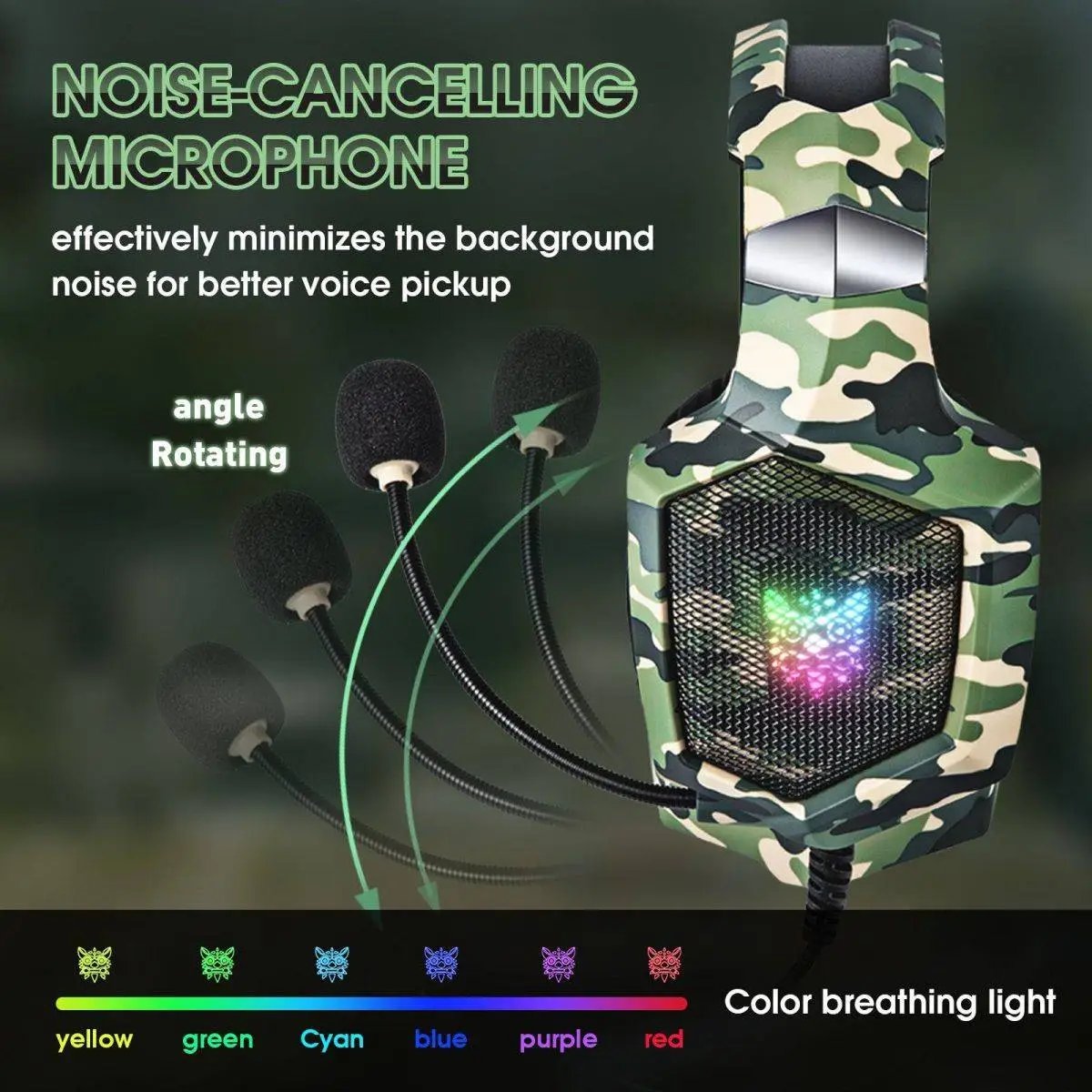 ONIKUMA K8 Wired Gaming Headphones featuring a noise-canceling microphone with adjustable angles and RGB breathing LED lights for gaming ambiance.