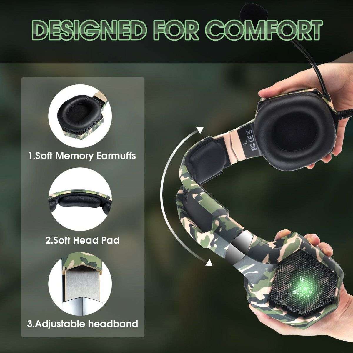 ONIKUMA K8 Wired Gaming Headphones designed for comfort with soft memory earmuffs, cushioned head pad, and adjustable headband for long gaming sessions.