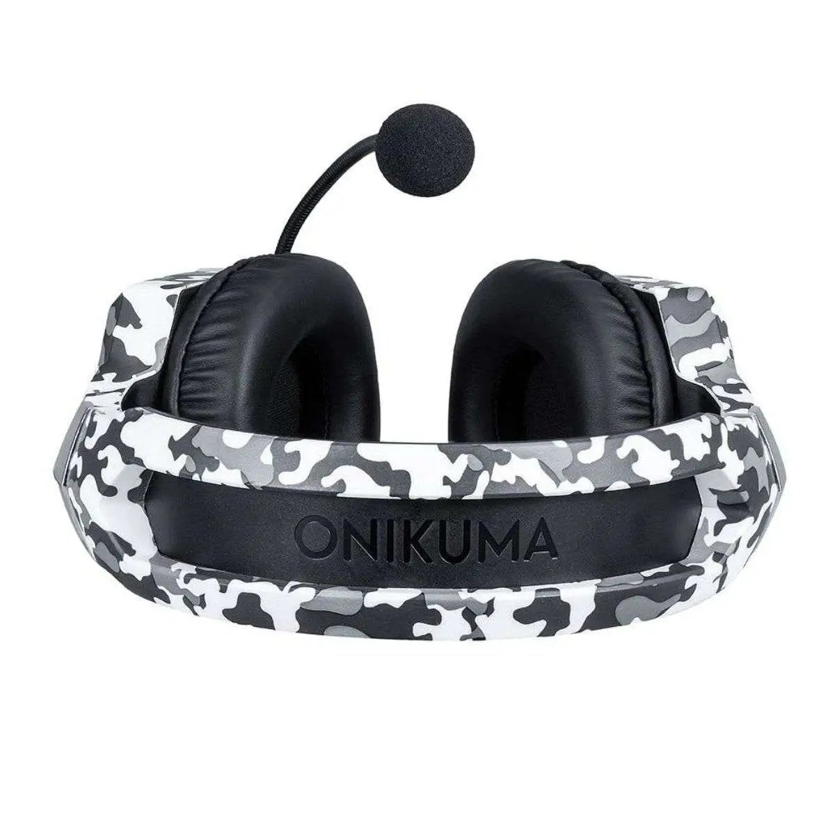 Top view of ONIKUMA K8 Wired Gaming Headphones in white camouflage design. Features padded headband with ONIKUMA branding for comfort during long gaming sessions.