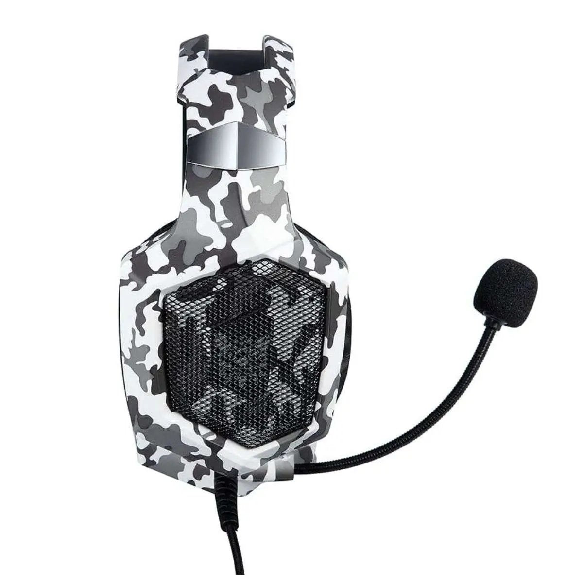 Side view of ONIKUMA K8 Wired Gaming Headphones in white camouflage design. Showcases LED-lit ear cups and noise-canceling microphone for immersive gaming.