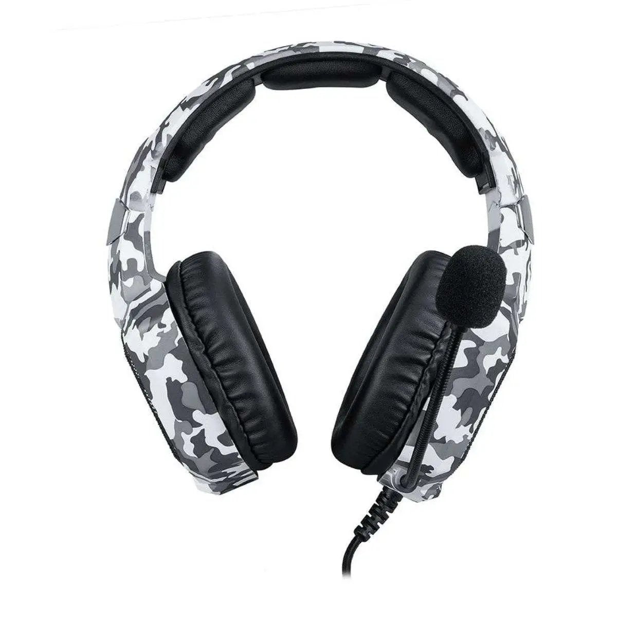 Front view of ONIKUMA K8 Wired Gaming Headphones in white camouflage design. Features cushioned ear cups and a flexible noise-canceling microphone.