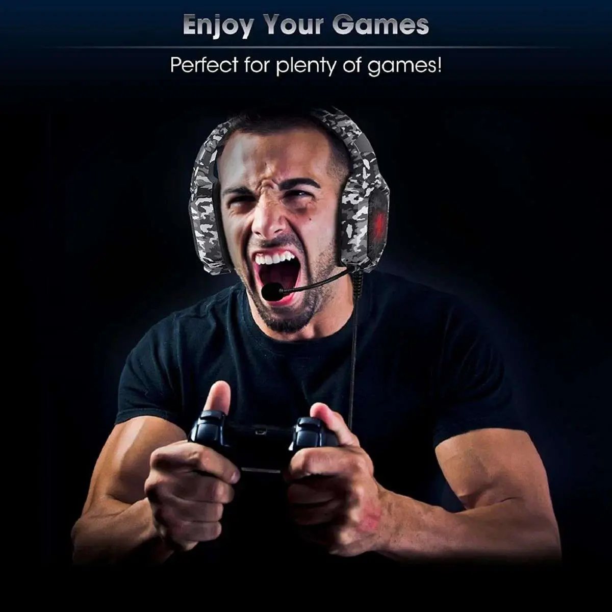 Gamer enjoying an intense gaming session with ONIKUMA K8 Wired Gaming Headphones. Designed for immersive sound and clear communication.