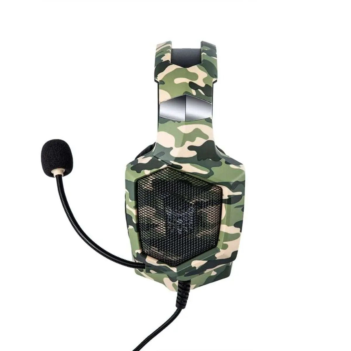 Side view of ONIKUMA K8 Wired Gaming Headphones in green camouflage design. Showcases LED-lit ear cups and noise-canceling microphone.
