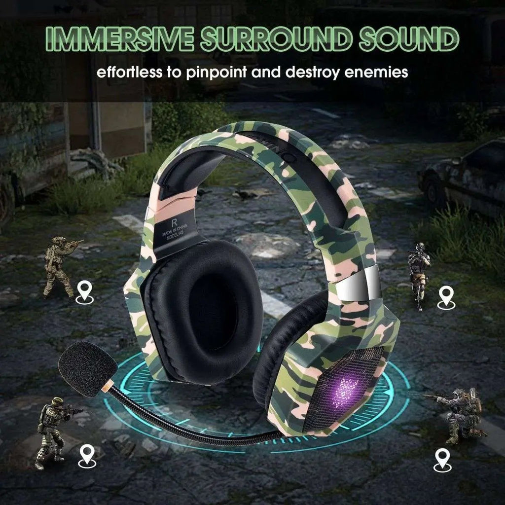 ONIKUMA K8 Wired Gaming Headphones With Mic LED Lights Camo Green- Hugmie