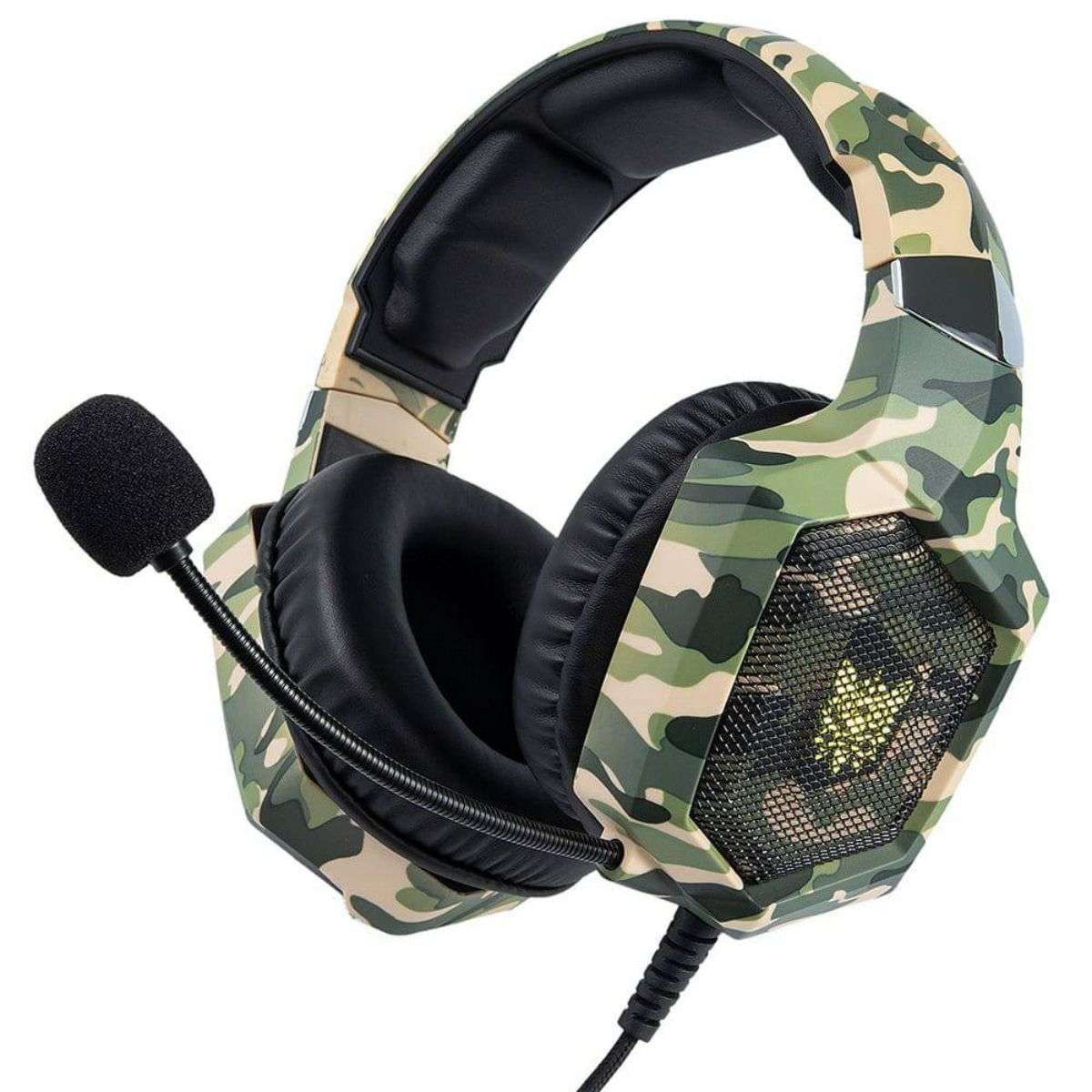 ONIKUMA K8 Wired Gaming Headphones with Mic and LED Lights in green camouflage design. Features noise-canceling mic and cushioned ear cups for comfort.