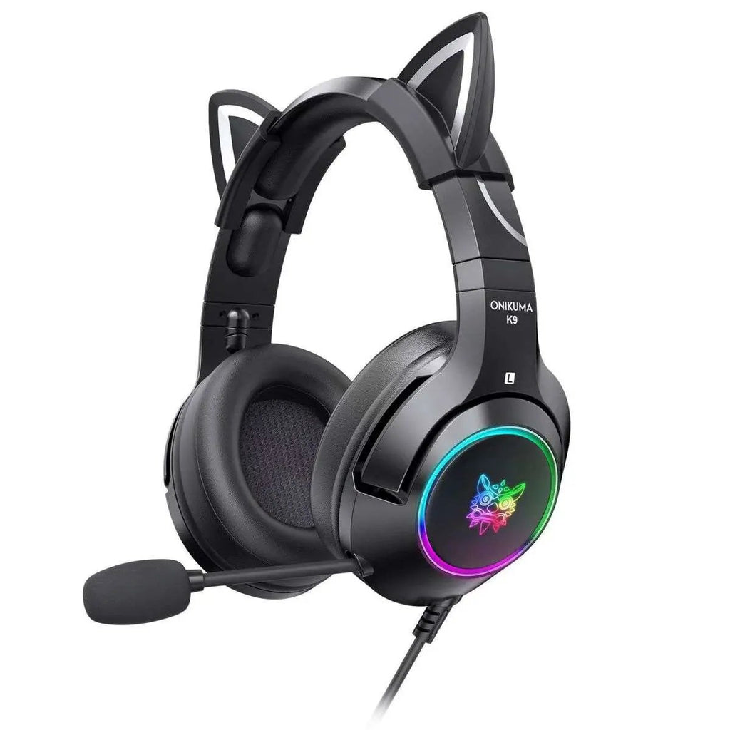 Black ONIKUMA K9 Elite Stereo Gaming Headset with cat ears, RGB lighting, and a noise-canceling microphone for immersive gaming on multiple platforms.