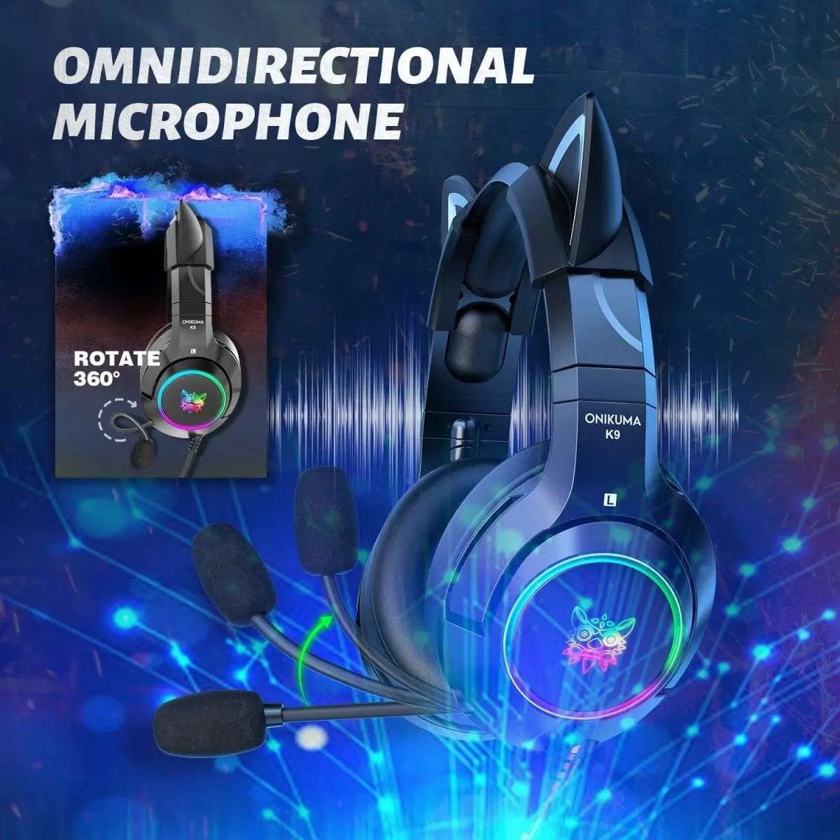 Black ONIKUMA K9 Elite Gaming Headset with omnidirectional microphone, featuring a 360-degree rotating mic for clear in-game communication.