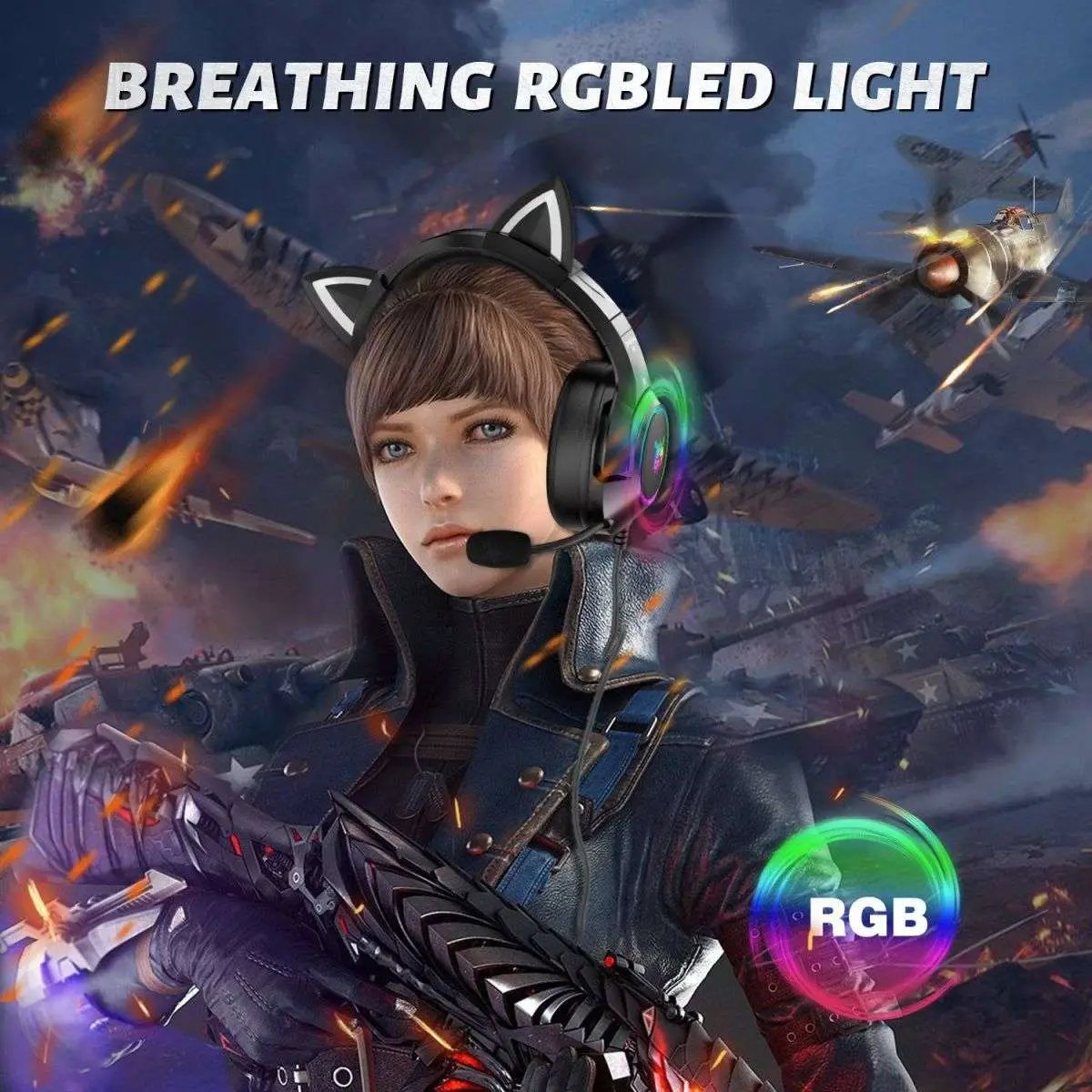 Gaming character wearing the ONIKUMA K9 Elite Headset with breathing RGB LED lighting, enhancing the gaming experience with immersive visuals.
