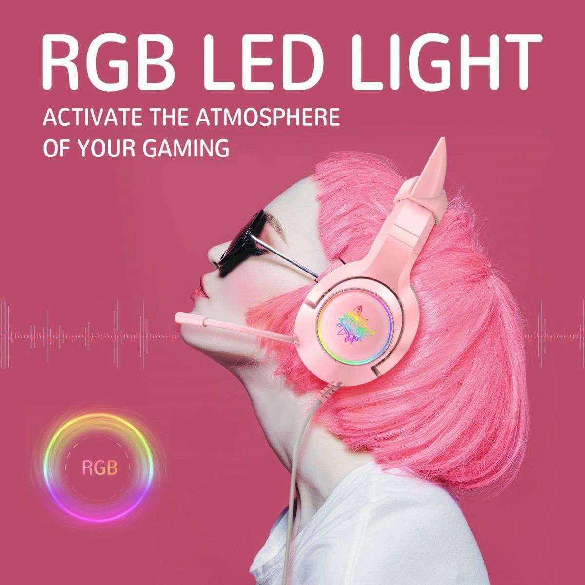 Model wearing the pink ONIKUMA K9 Elite Gaming Headset with cat ears, highlighting its RGB LED lighting for an immersive gaming atmosphere.