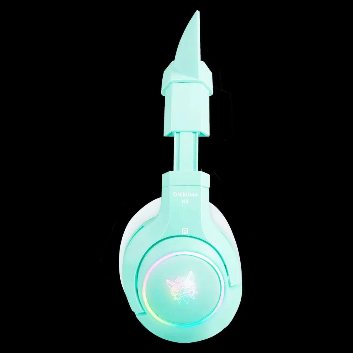 Side view of the mint green ONIKUMA K9 Elite Gaming Headset with cat ears, showcasing its adjustable headband and RGB lighting for enhanced aesthetics.
