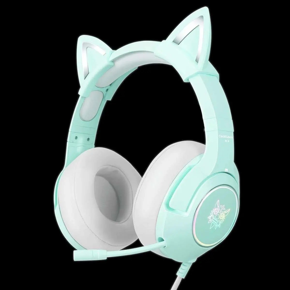 Mint green ONIKUMA K9 Elite Stereo Gaming Headset with cat ears, soft ear cushions, and RGB lighting for a stylish and comfortable gaming experience.
