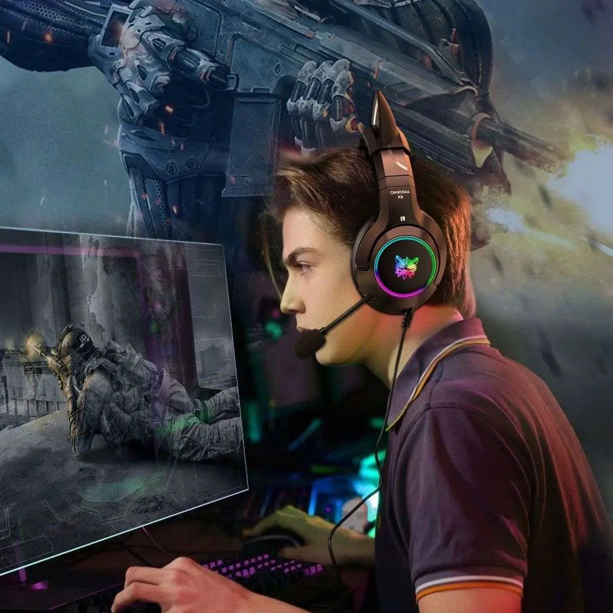 Gamer wearing the ONIKUMA K9 Elite Gaming Headset, engaged in an intense gaming session with RGB lighting and noise-isolating ear cushions.