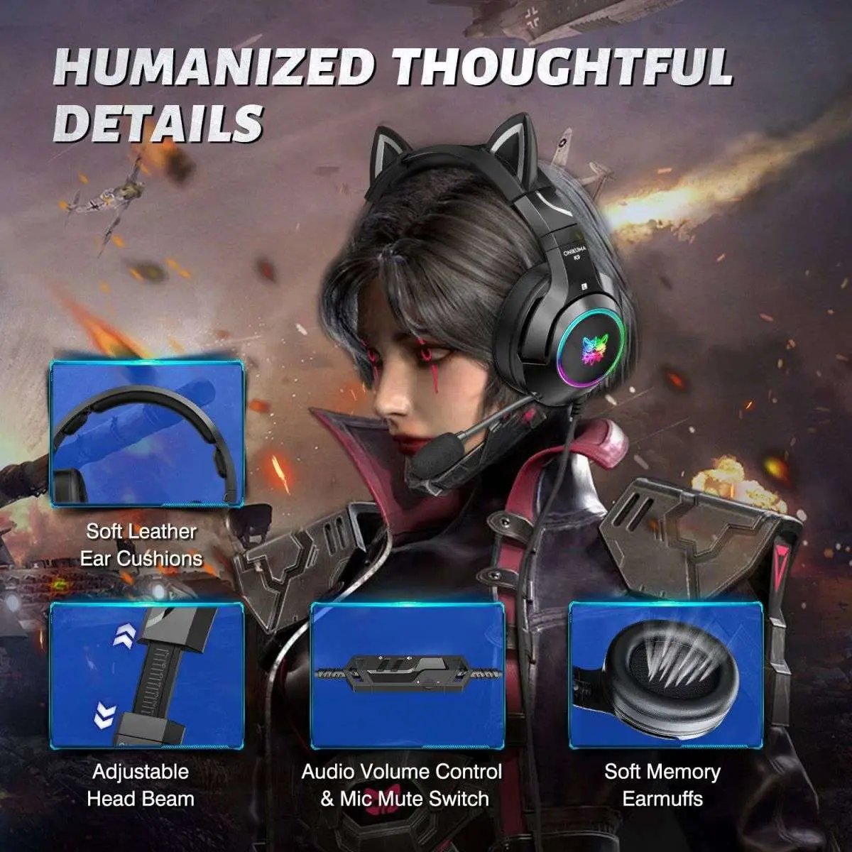 ONIKUMA K9 Elite Gaming Headset with humanized details, including soft leather ear cushions, adjustable headband, and volume control for comfort.
