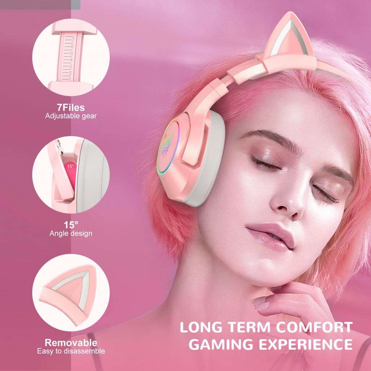 Close-up of the pink ONIKUMA K9 Elite Gaming Headset, showing adjustable headband, removable cat ears, and ergonomic design for long-term comfort.
