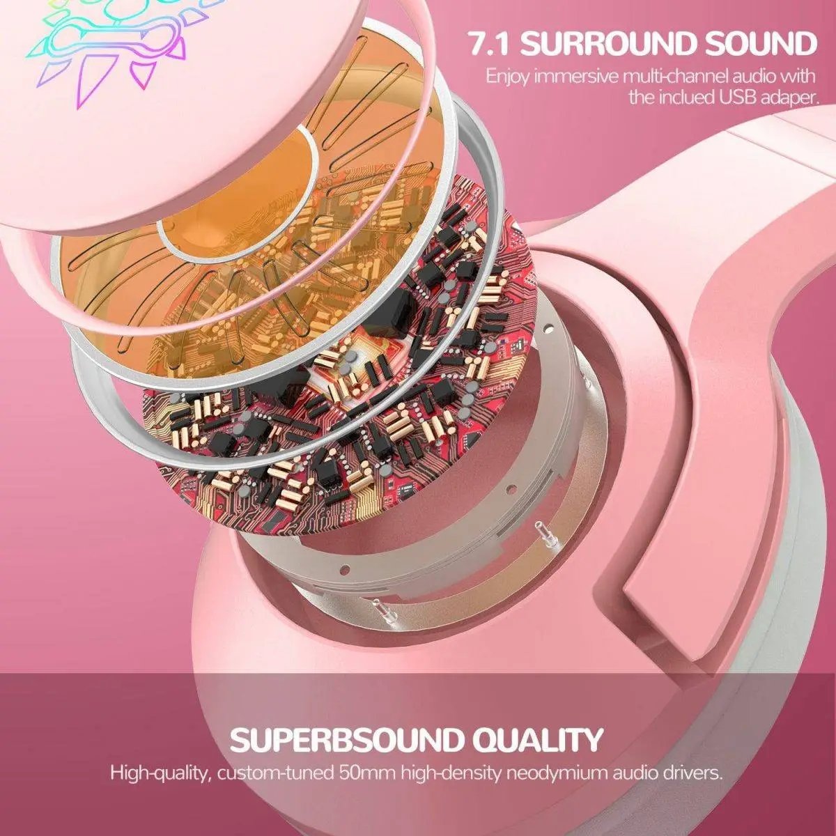 Exploded view of the ONIKUMA K9 Elite Gaming Headset, illustrating its 7.1 surround sound and high-density 50mm neodymium audio drivers.