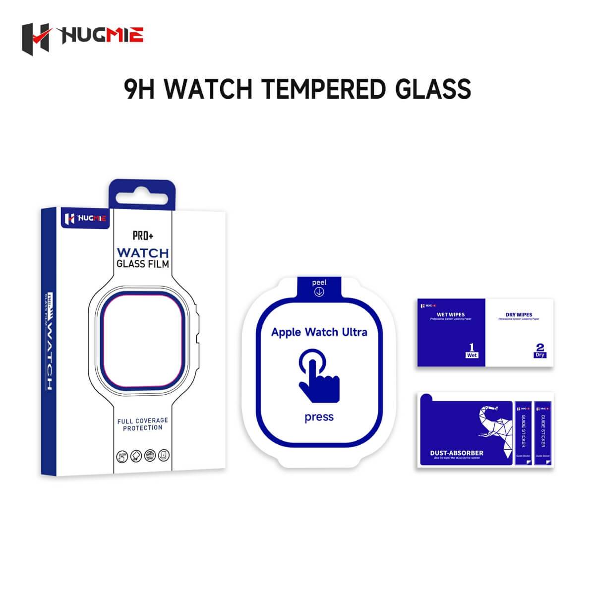 Hugmie iWatch Ultra Tempered Glass Screen Protector packaging includes auto alignment tray, wipes, and dust absorber for clean installation.