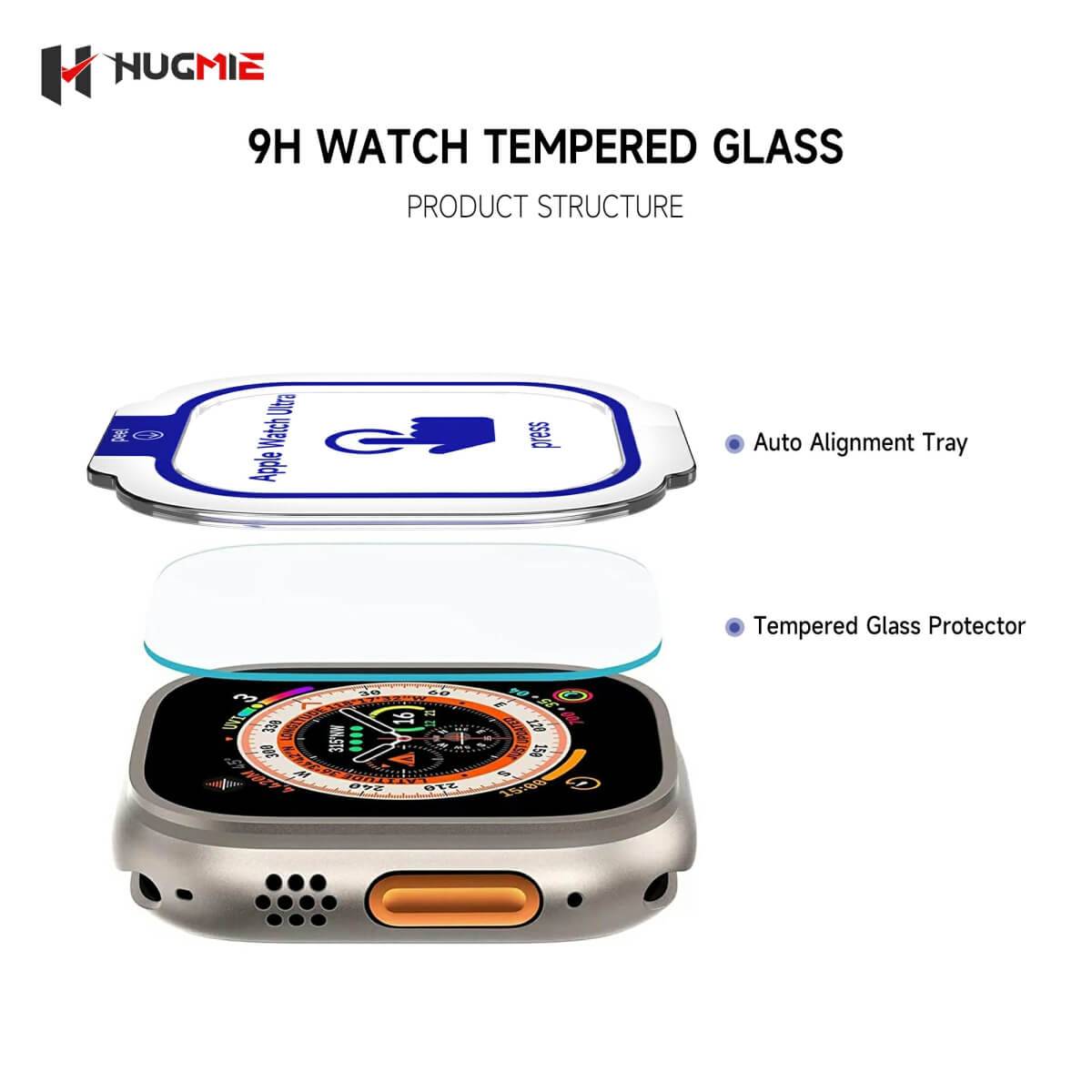 Hugmie iWatch Ultra Tempered Glass Screen Protector with auto alignment tray for precise installation and strong adhesion.