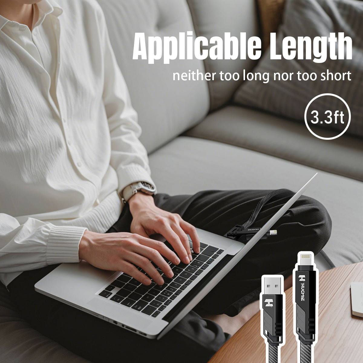 Hugmie HGC01 4in1 charging cable with 3.3ft length, ideal for convenient use without excess clutter.