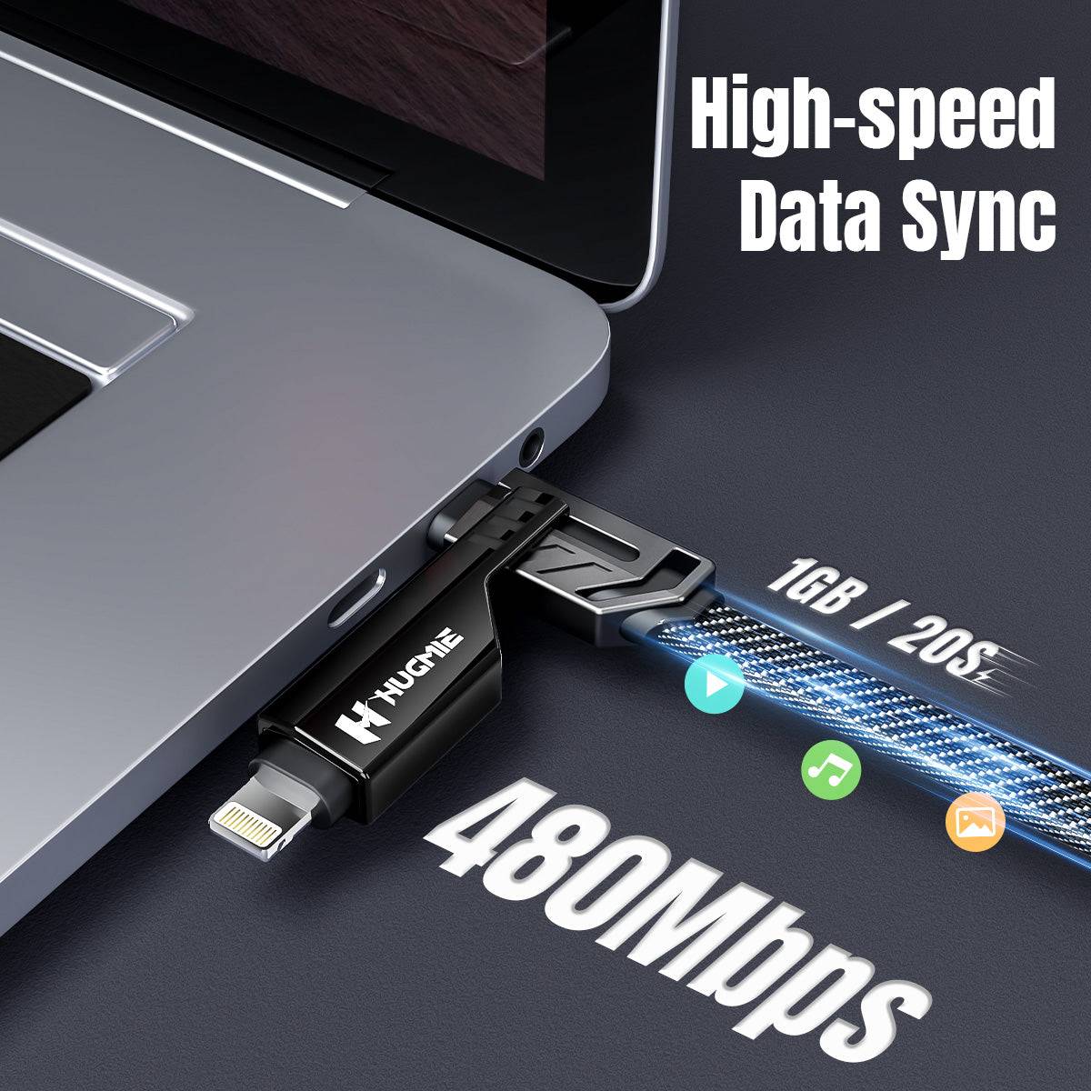 Hugmie HGC01 60W fast charging cable supports high-speed 480Mbps data transfer for seamless syncing and charging.
