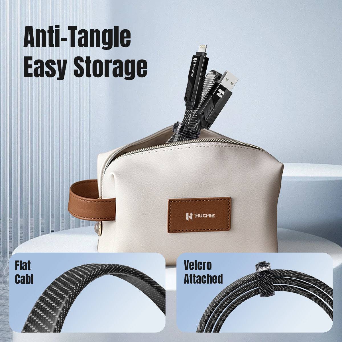 Hugmie HGC01 anti-tangle 4in1 charging cable with flat design and Velcro strap for easy storage and portability.