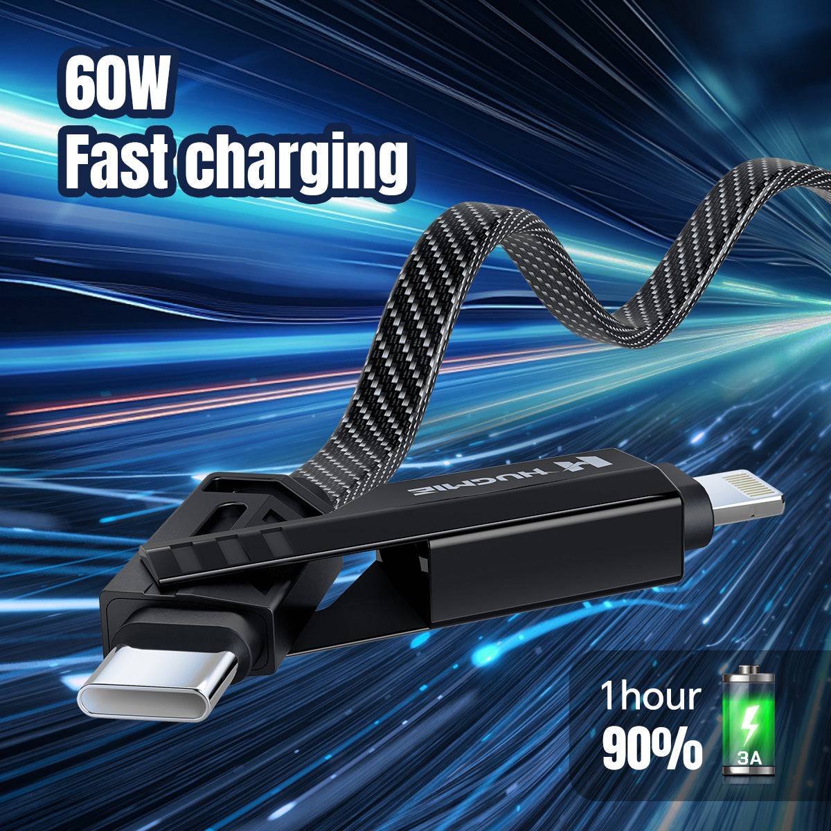 Hugmie HGC01 60W fast charging cable delivers 90% charge in one hour with 3A power output for efficient charging.