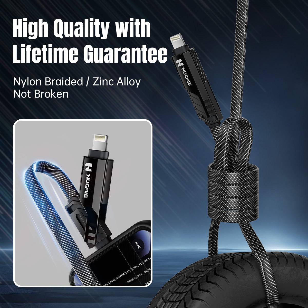 Hugmie HGC01 high-quality nylon braided 4in1 charging cable with zinc alloy connectors for durability and longevity.