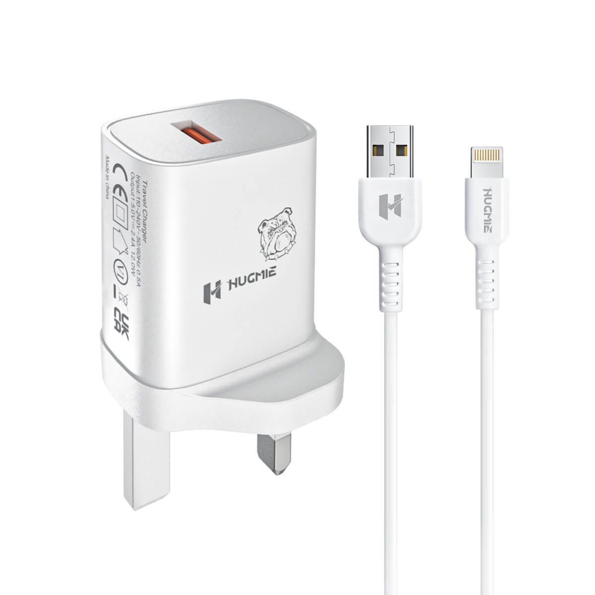 Hugmie® HP-L12 USB Wall Charger with 1M Lightning Cable, featuring a compact white design with a USB port and UK plug compatibility.