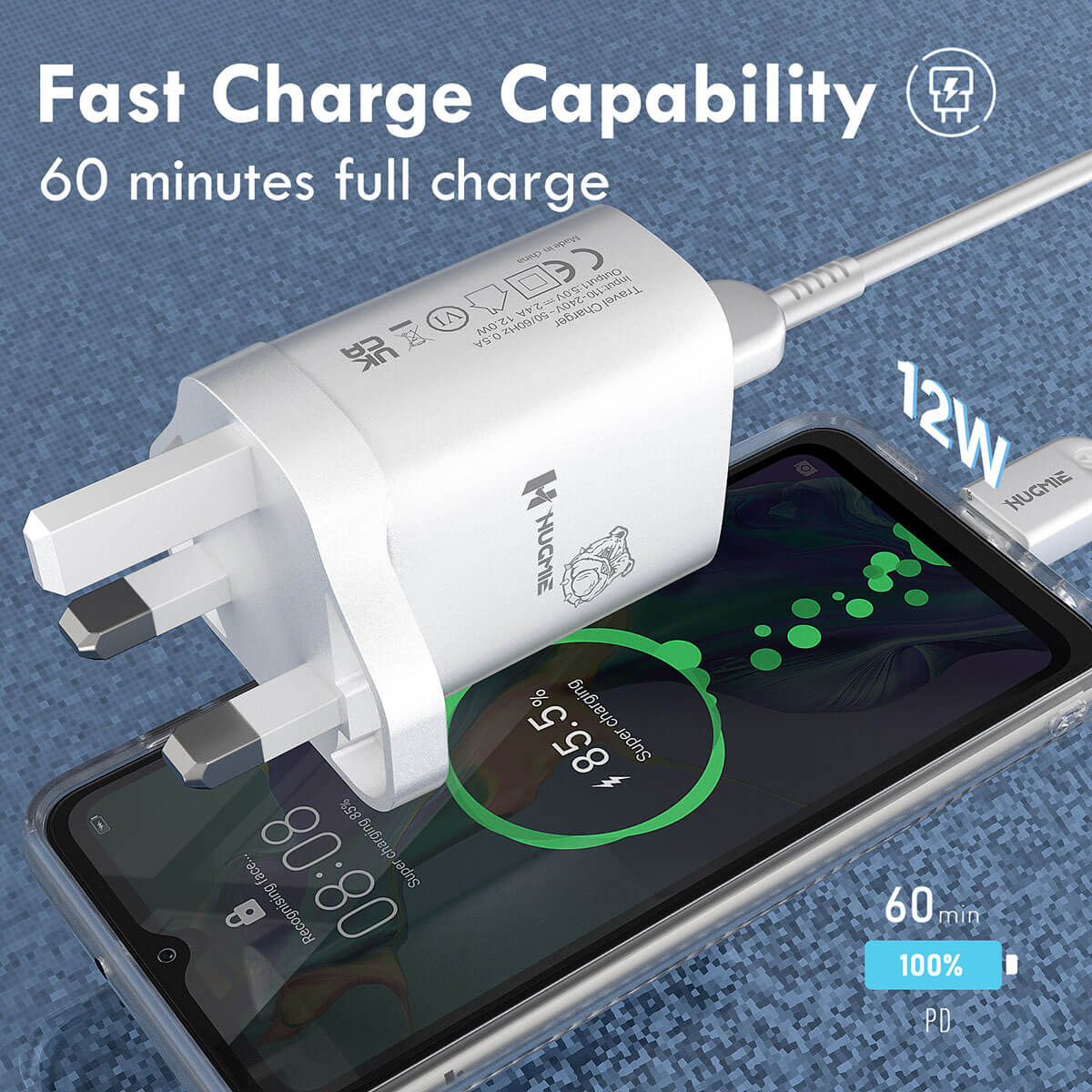 Hugmie® HP-L12 USB Wall Charger enables fast charging, delivering a full charge in 60 minutes with 12W power output for efficient performance.