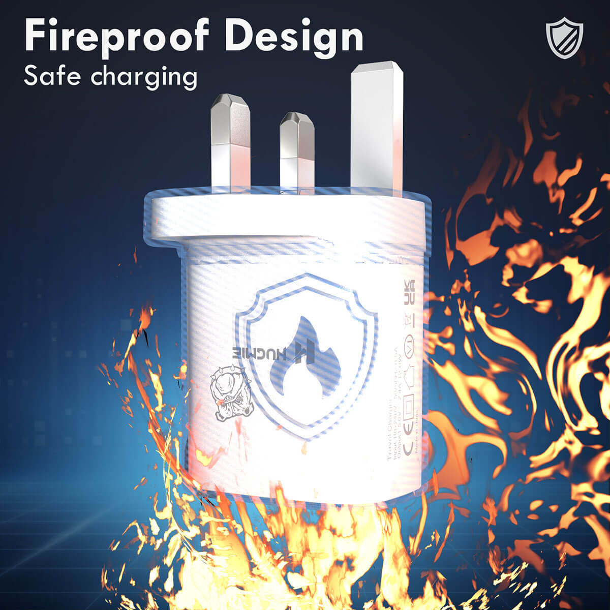 Hugmie® HP-L12 USB Wall Charger with fireproof design ensures safe charging, featuring flame-retardant materials for enhanced protection.