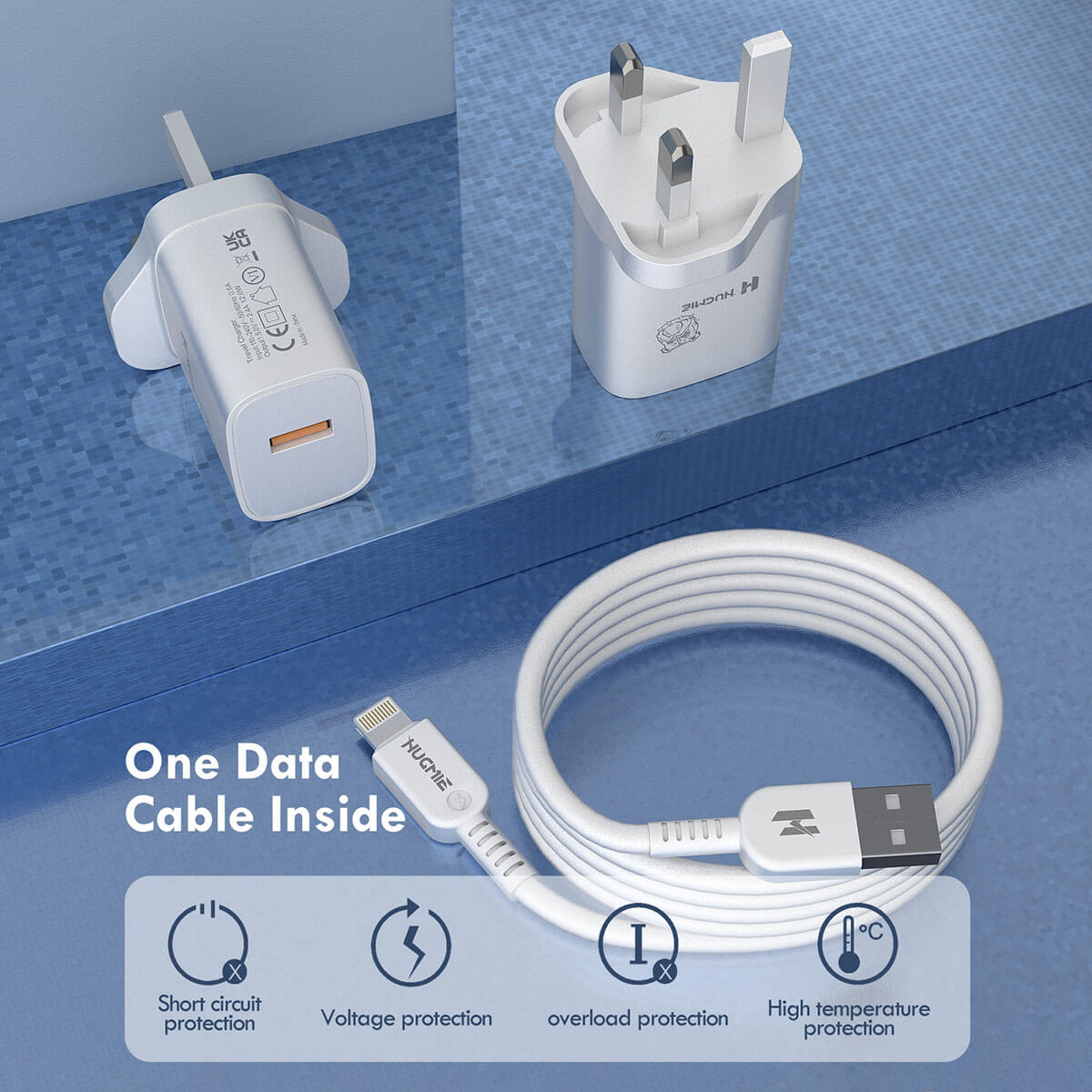 Hugmie® HP-L12 USB Wall Charger includes a 1M Lightning cable and built-in protections against short circuits, voltage surges, and overheating.