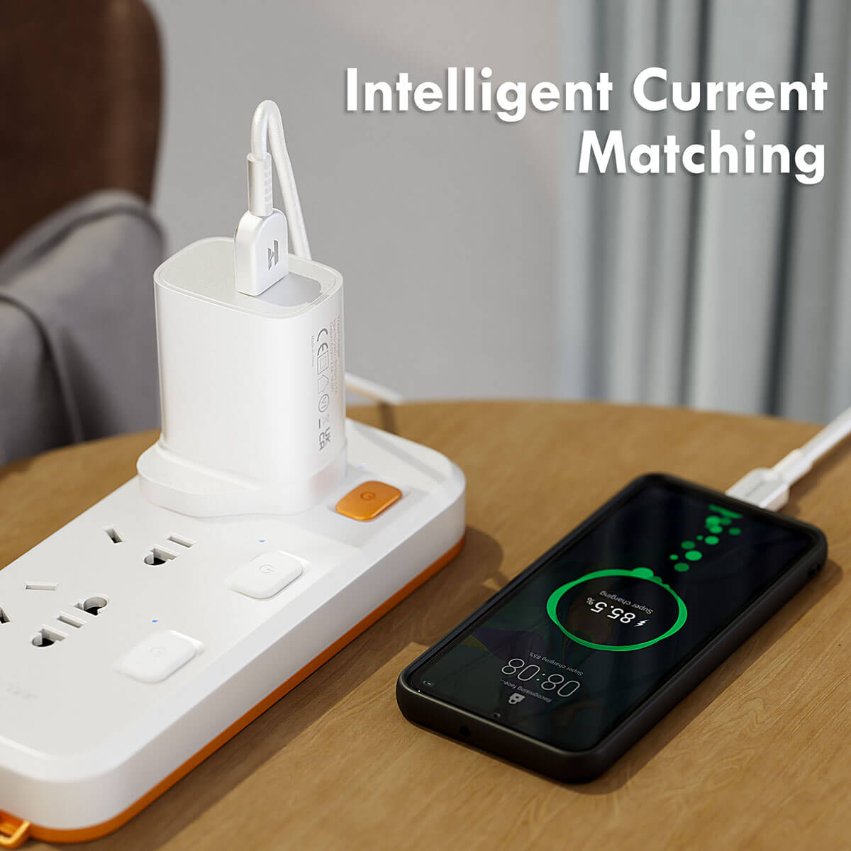 Hugmie® HP-MU1 USB Wall Charger plugged into a power strip, charging a smartphone with intelligent current matching for efficient power delivery.