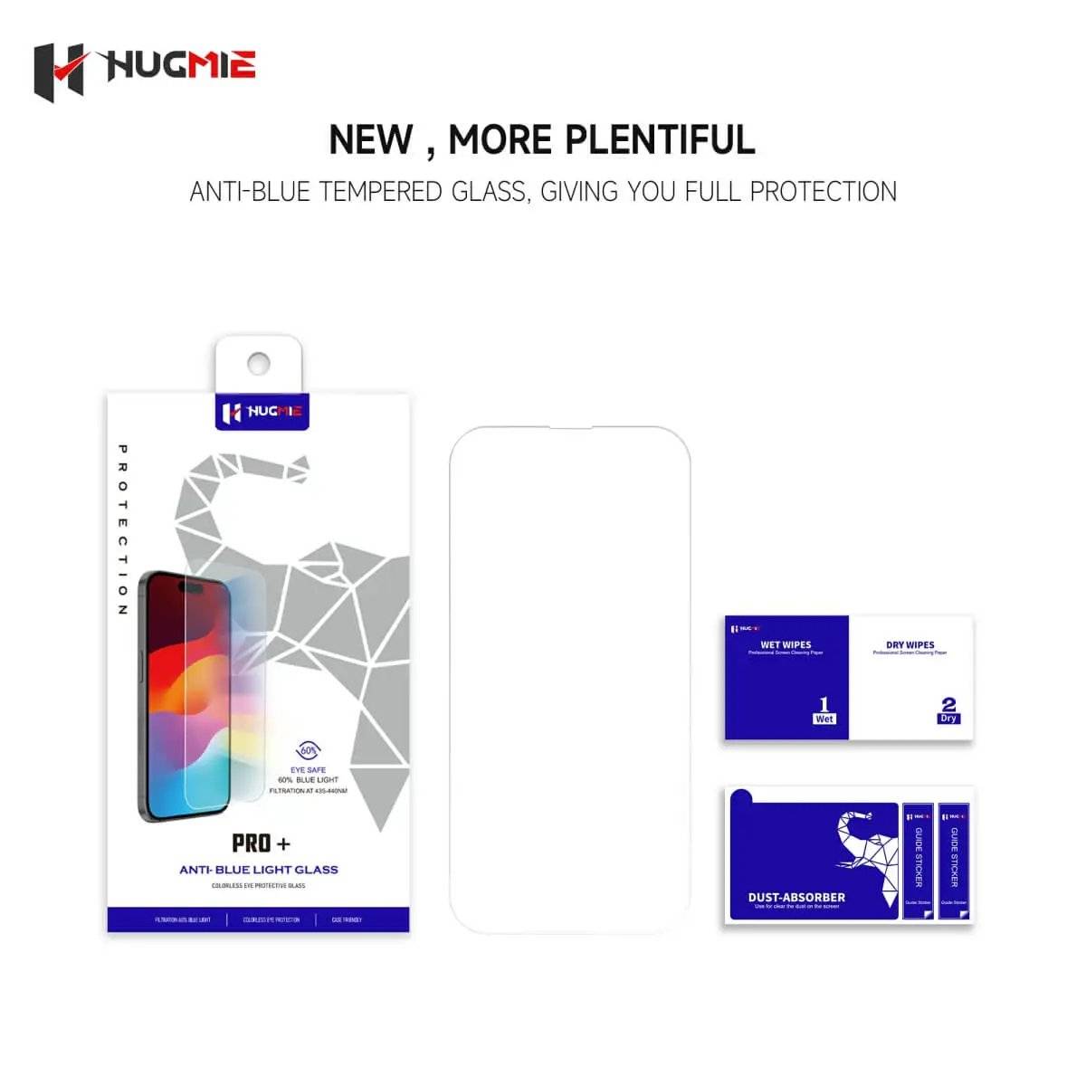 Hugmie Anti-Blue Light Screen Protector for iPhone 16 Series packaging. Includes tempered glass, cleaning wipes, and dust absorber for easy installation.