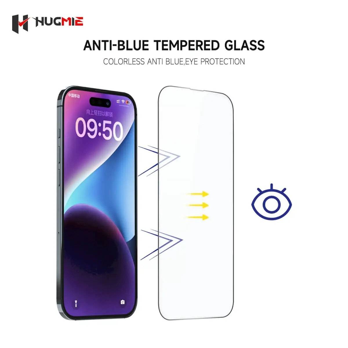 Hugmie Anti-Blue Light Screen Protector for iPhone 16 Series blocks blue light for eye protection. Clear tempered glass ensures color accuracy and durability.