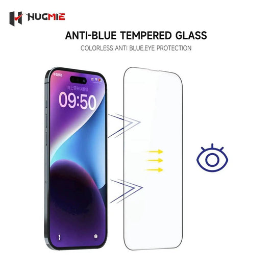 Hugmie Anti-Blue Light Screen Protector for iPhone 16 Series blocks blue light for eye protection. Clear tempered glass ensures color accuracy and durability.