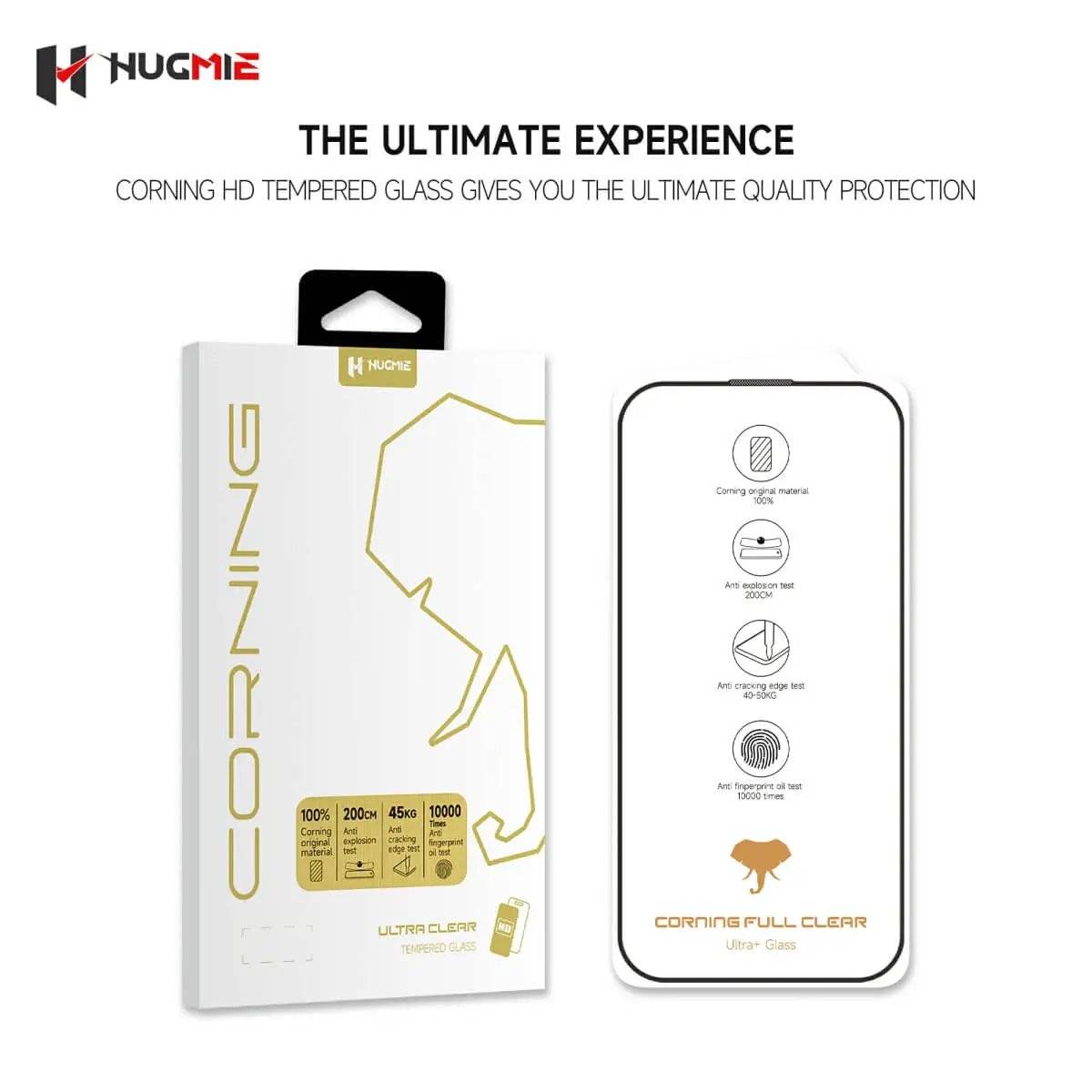 Hugmie Corning Glass Screen Protector for iPhone 16 Series packaging, featuring Corning HD tempered glass for premium quality protection.