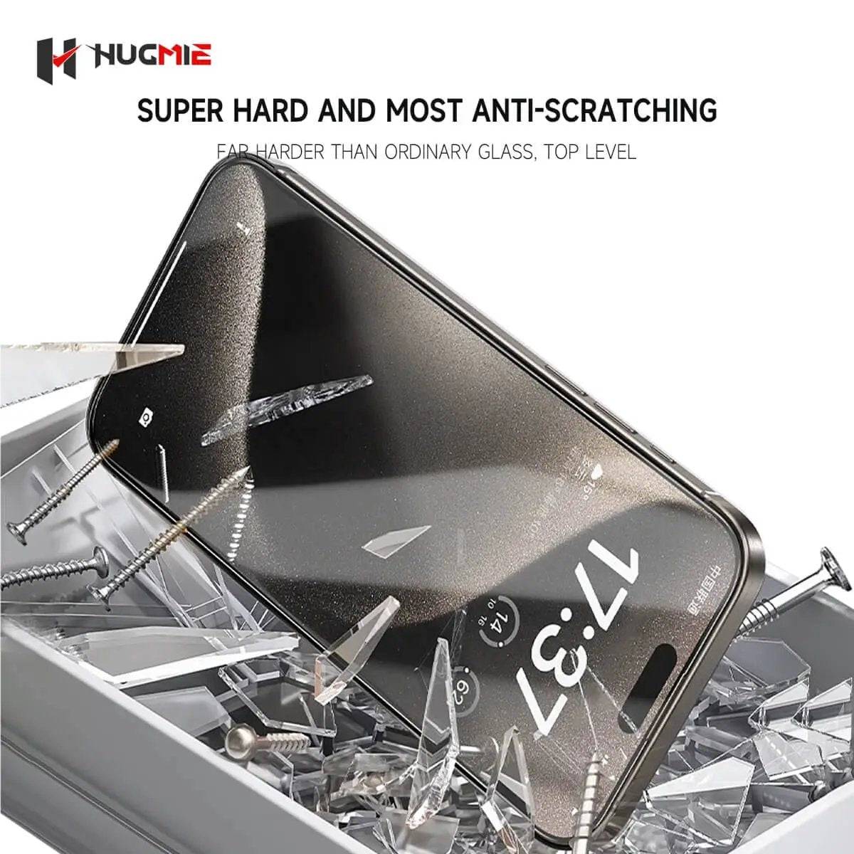 Ultra-hard Hugmie Corning Glass Screen Protector for iPhone 16 Series, designed for maximum scratch resistance against sharp objects.