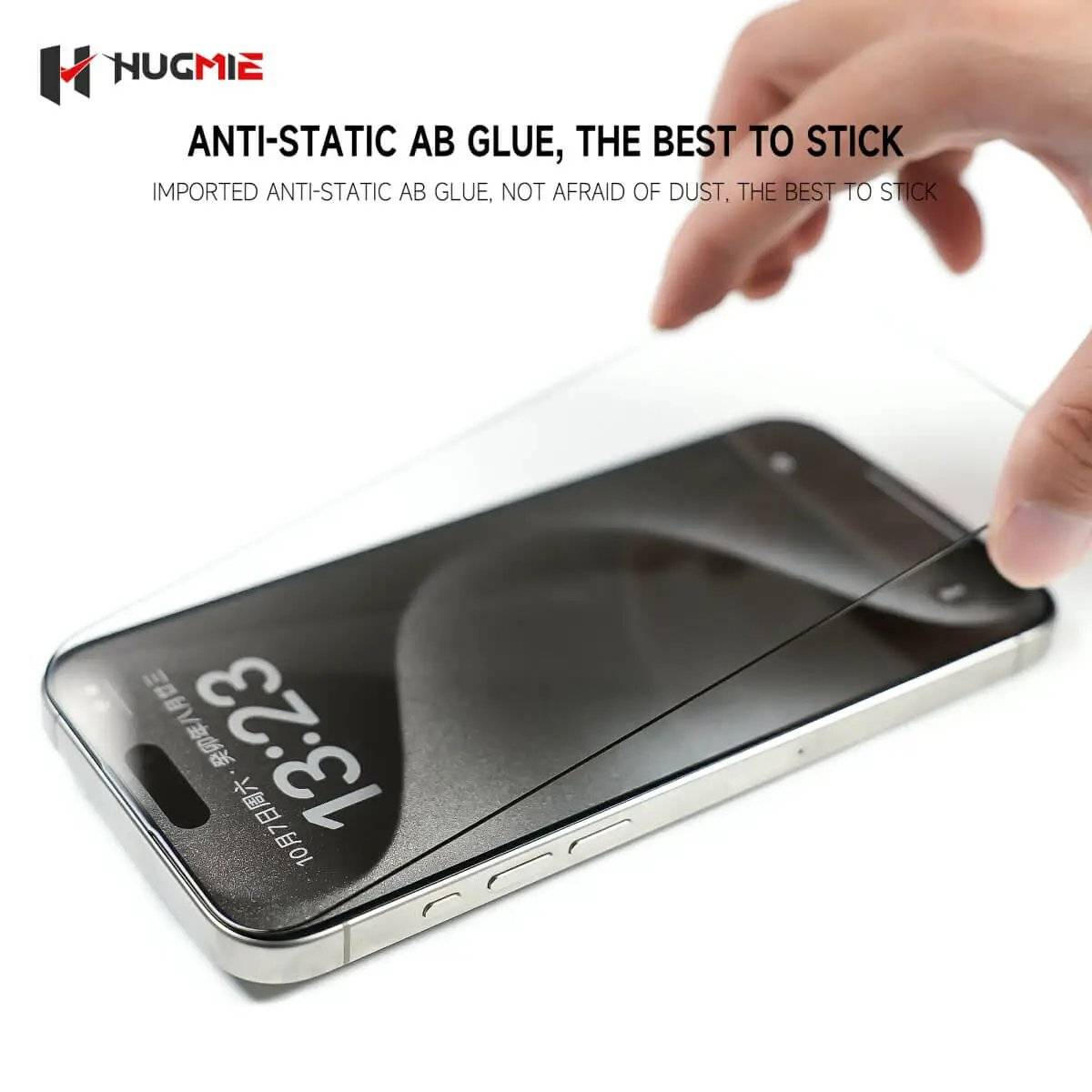 Hugmie Corning Glass Screen Protector for iPhone 16 Series with anti-static AB glue for a secure, dust-resistant, and bubble-free installation.
