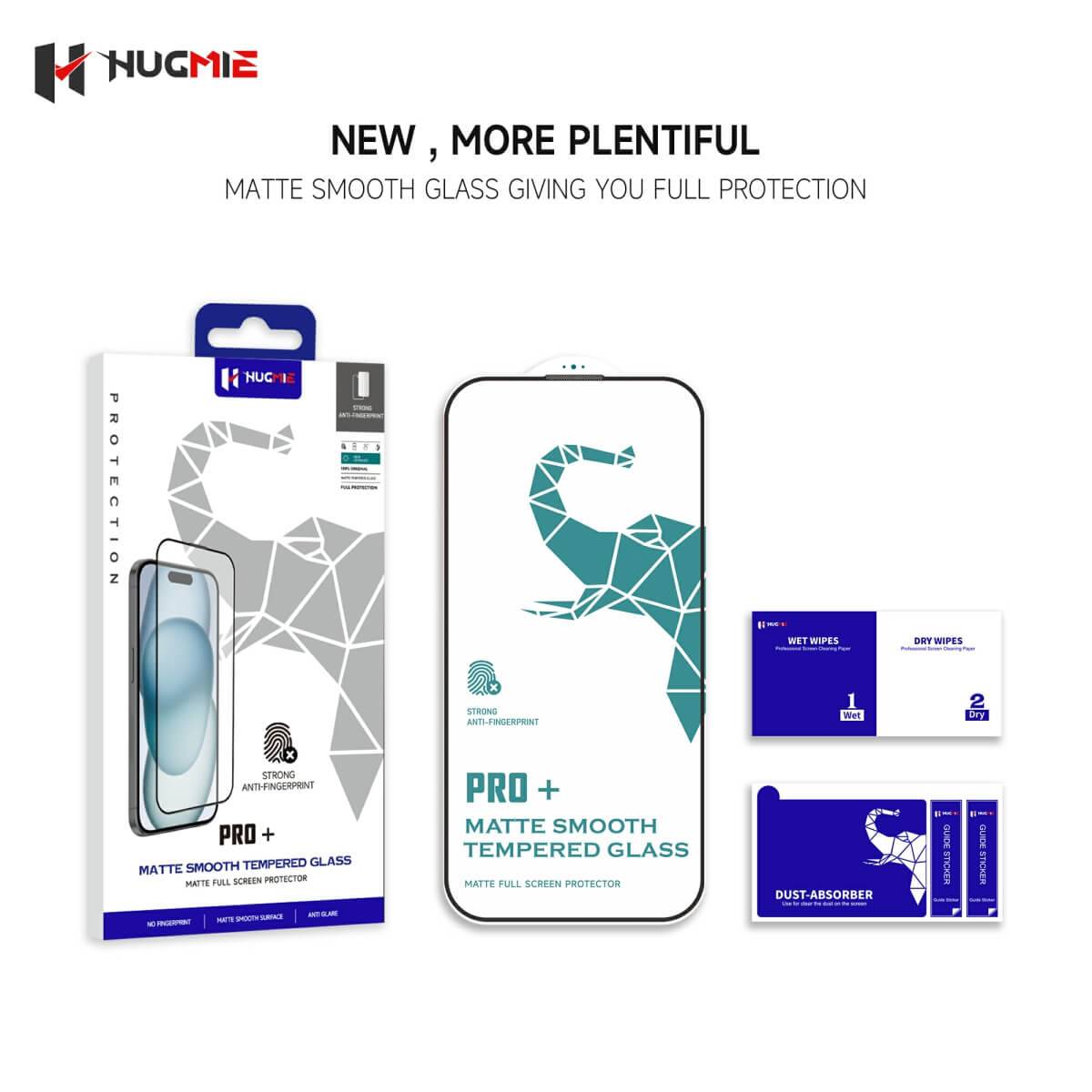 Hugmie Matte Glass Screen Protector packaging with full protection features, including matte smooth glass and anti-fingerprint technology.