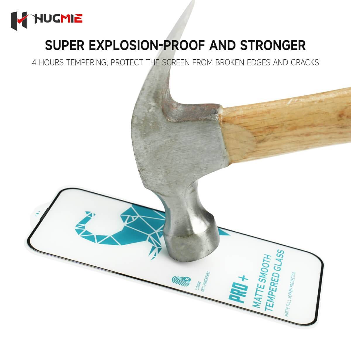 Hugmie Matte Glass Screen Protector demonstrating explosion-proof strength with a hammer impact test for superior screen protection.